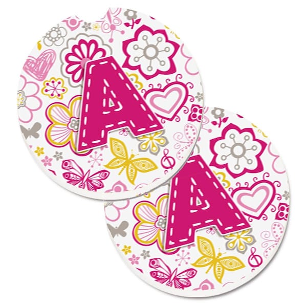 Carolines Treasures Letter A Flowers and Butterflies Pink Set of 2 Cup Holder Car Coaster CJ2005-ACARC - main